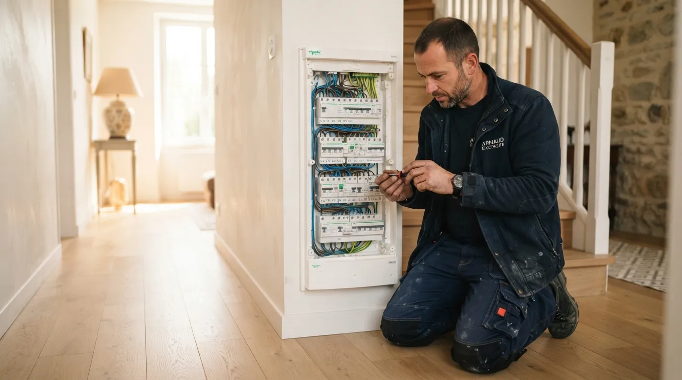 Julien Arnaud, électricien, devant un tableau électrique